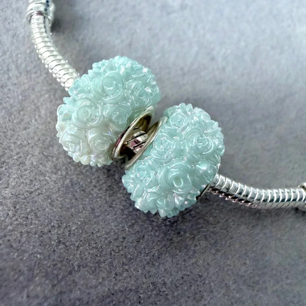 2 PCs Mint Green Iridescent Rose Flower Beads Floral Charm fits PANDORA